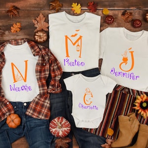 Camiseta familiar con monograma de Halloween, camiseta personalizada con nombre, camiseta personalizada con letras de otoño para niños y bebés, idea de disfraz para pedir dulces, Halloween