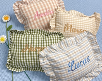 Custom Embroidered Plaid Baby Name Cushion/Personalized baby name pillow/Nordic Style Cotton Pillow with Ruffles/Newborn Bedding Décor