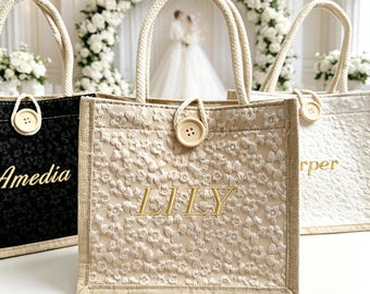 Personalized Lace Jute Tote Bag, Custom Name Bridesmaid & Wedding Favor Bag