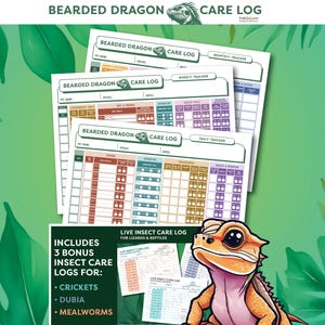 Könnte beinhalten: Gedruckte Pflegedokumente für Bartagame mit einer farbenfrohen Echsenillustration. Die Dokumente enthalten Abschnitte zur Verfolgung der Haustierpflege, mit zusätzlichen Dokumenten für Insekten wie Grillen und Mehlwürmer.