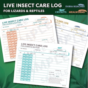 May include: A stack of printed care logs for lizards and reptiles. The logs feature sections for tracking feeding, cleaning, and losses, with space for notes. The logs include sections for Dubia Roaches, Crickets, and Mealworms.