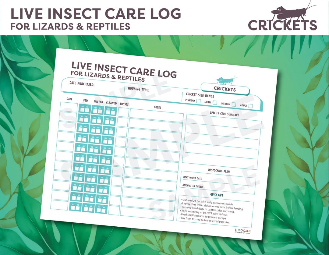 Picture of Cricket Feeder Tracker Printable | Reptile Insect Care Log | Lizard Pet ...