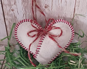 Baseball Heart Ornament Handcrafted Upcycled From a Used Baseball / Hand Stitched in Red Like the Original/  Twine Bow/ Gift for Sports Fan