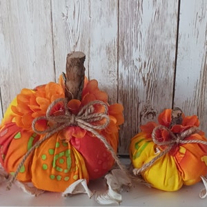 Fall Fabric Pumpkins/ Farmhouse Country/ Seasonal Orange Print Fabric. Tier Tray/ Dough Bowl/ Wreath Accents