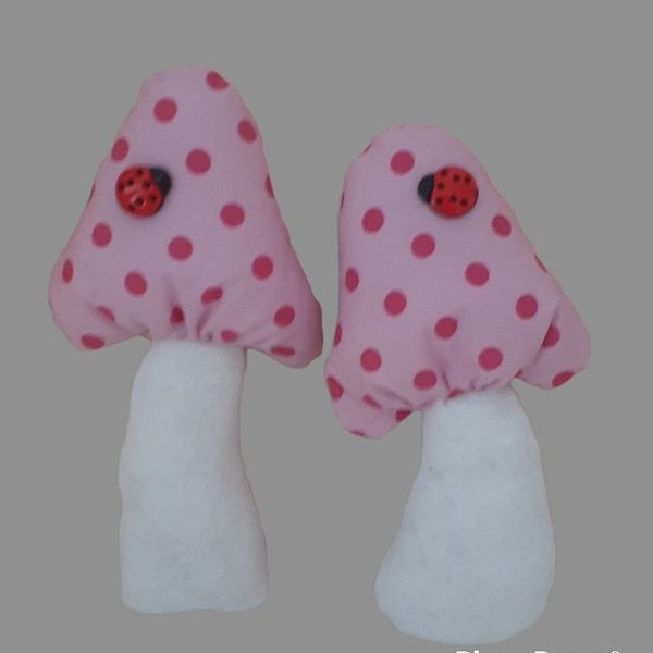Mushrooms Retro Look Decor. Pink Polka Dot Fabric Cap with White Stem/ Ladybug Accent/ TierTray/ Wreath Accent/Dough Bowl