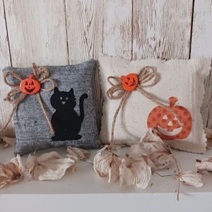 Halloween Jack O Lantern & Black Cat Mini Pillows/ Fall Farmhouse Country Decor / Tier Tray or Dough Bowl Fillers, Ornaments