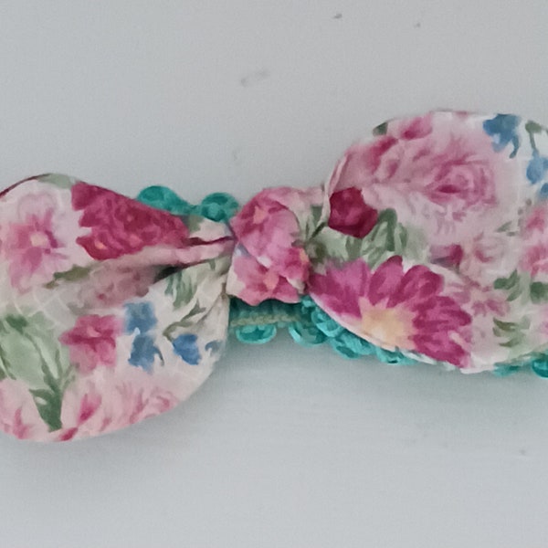 Hair Bow Fashion Hair Accessory Rose Garden Print Fabric Bow on Stretch Crochet Headband Handmade In USA