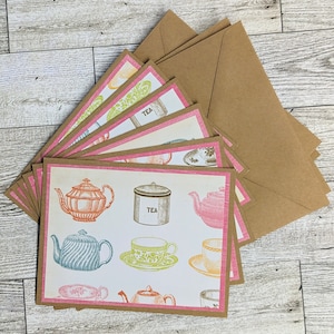Conjunto de 6 cartões de nota Conjunto de cartões de nota Obrigado Cartão Kraft em branco Conjunto de cartões em branco Parabéns Cartões artesanais Cartões de xícara de chá Bule de chá Correio tradicional