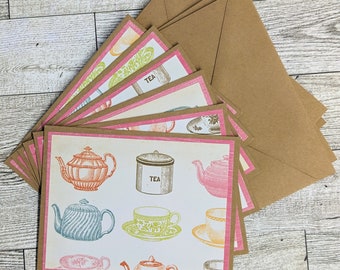 Note card Set of 6 Notecard Set Stationery Thank You Blank Kraft Card Congratulations Blank Notecard Set Handmade Cards Tea Cup Cards Teapot