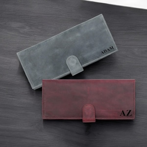 Funda de chequera de cuero personalizada, billetera de chequera hecha a mano, billetera larga grabada, regalo de Navidad para él o ella, regalo de oficina, regalo de aniversario