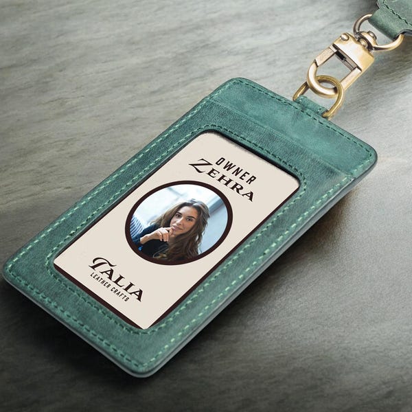 Personalized Leather Badge Holder with Lanyard, ID Card Holder Wallet, Slim Wallet with Lanyard, Corporate Office Gift, Christmas Gift