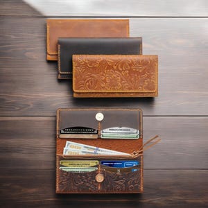Cartera de cuero hecha a mano para mujer / Cartera de cuero larga personalizada / Cartera de mano con monograma / Regalo de Navidad para esposa, mamá, novia
