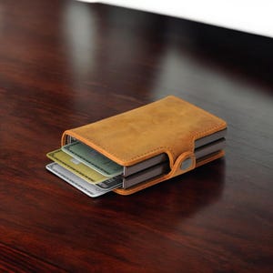 Billetera de cuero personalizada con bloqueo RFID y doble funda, billetera emergente, tarjetero hecho a mano, regalo del Día del Padre, billetera para hombre, regalo de Navidad