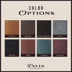 May include: Color options for leather crafts, including camel, brown, dark brown, gray, black, red, green, and purple.