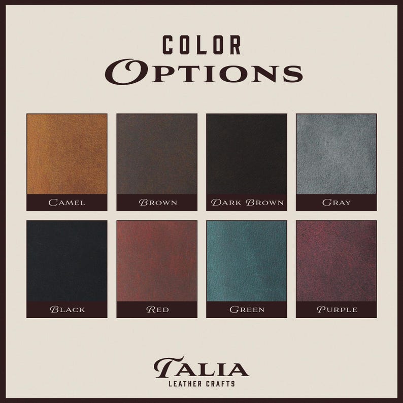 May include: Color options for leather crafts, including camel, brown, dark brown, gray, black, red, green, and purple.