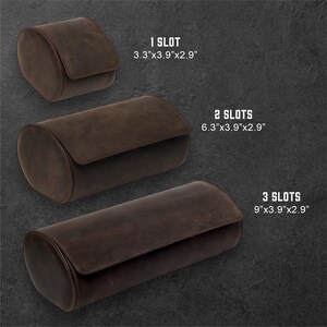 May include: Three brown leather watch roll cases with different sizes. The smallest case is 3.3 inches by 3.9 inches by 2.9 inches and has 1 slot. The middle case is 6.3 inches by 3.9 inches by 2.9 inches and has 2 slots. The largest case is 9 inches by 3.9 inches by 2.9 inches and has 3 slots.