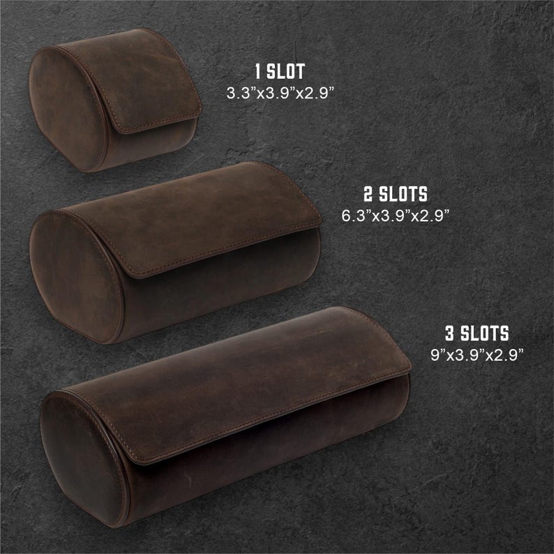 May include: Three brown leather watch roll cases with different sizes. The smallest case is 3.3 inches by 3.9 inches by 2.9 inches and has 1 slot. The middle case is 6.3 inches by 3.9 inches by 2.9 inches and has 2 slots. The largest case is 9 inches by 3.9 inches by 2.9 inches and has 3 slots.
