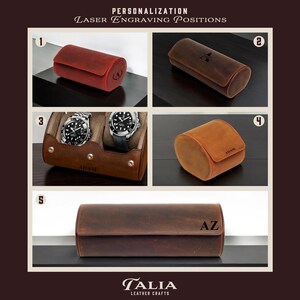 May include: Five different leather watch boxes with laser engraving options. The boxes are brown, red, and tan. The boxes are labeled with numbers 1 through 5. The boxes are for storing and displaying watches. The boxes are made by Talia Leather Crafts.
