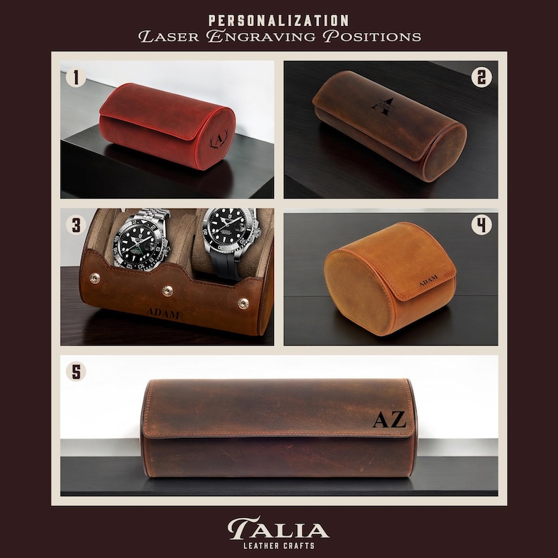 May include: Five different leather watch boxes with laser engraving options. The boxes are brown, red, and tan. The boxes are labeled with numbers 1 through 5. The boxes are for storing and displaying watches. The boxes are made by Talia Leather Crafts.