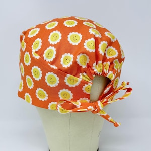 Sun scrub cap with tie back, Summer flower skull tie-back style surgical scrub hat.