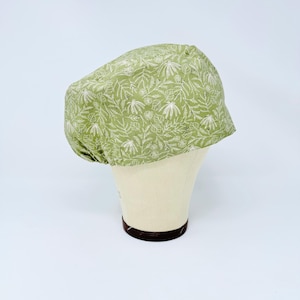 Euro Scrub Cap with Elastic Back. Floral Surgical Hat, Optional Satin Lining,  Green Comfortable Women&#39;s Scrub Cap.