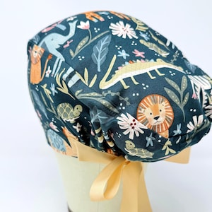 Animal Euro Scrub Cap with Ties. Summer European Satin Lined option scrub caps for women.