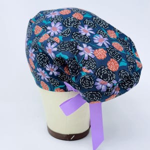Violet Flower Euro Scrub Cap with Ties. Floral European Satin Lined scrub caps for women.