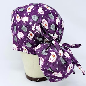 Spooky Glow Ponytail Scrub Cap for Women. Scrub Hat for Long Hair with Satin Lining option. Halloween scrub cap. Glows in the Dark!