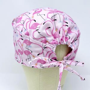 Flamingo surgical cap with tie back for men. Summer skull tie-back style surgical scrub hat.