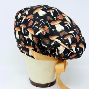 Mushrooms Euro Scrub Cap with Ties. European scrub caps for women. Fall Surgical Cap for Women with Satin Lined Option.