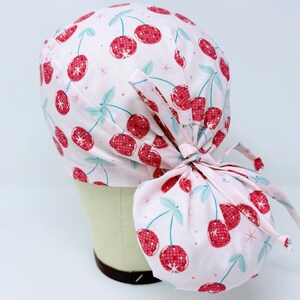 Cherries Ponytail Scrub Cap for Women – Valentine&#39;s day Surgical hat for Long Hair with Satin Lining.