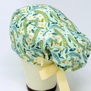 Yellow flower Euro Scrub Cap with Ties. European Satin Lined option scrub caps for women.