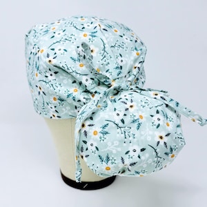 Floral Ponytail Scrub Cap - Mini Flower Surgical Cap for Women with Satin Lined Option.