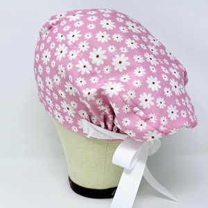 Pink Daisy Euro Scrub Cap with Ties. Summer European Satin Lined option scrub caps for women.