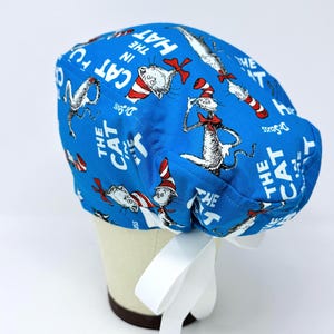 Cat Euro Scrub Cap with Ties. Cute European Satin Lined option scrub caps for women.