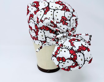 Ponytail Scrub Cap for Women – Surgical Cap for Long Hair with Optional Satin Lining. White. Red.
