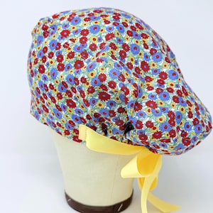 Wildflower Euro Scrub Cap with Ties. Floral European Satin Lined option scrub caps for women.
