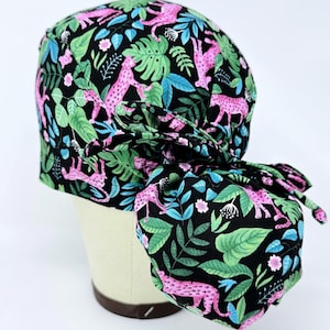 Leopard Ponytail Scrub Cap for Women – Tropical Scrub Hat for Long Hair with Satin Lining.