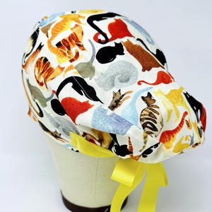 Cat Euro Scrub Cap with Ties. Cute European Satin Lined option scrub caps for women.
