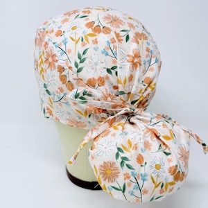 Flower Ponytail Scrub Cap - Spring Surgical Cap for Women with Satin Lined Option.