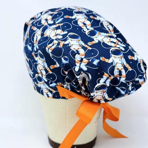 Astronaut Euro Scrub Cap with Ties. Space European Satin Lined option scrub caps for women.