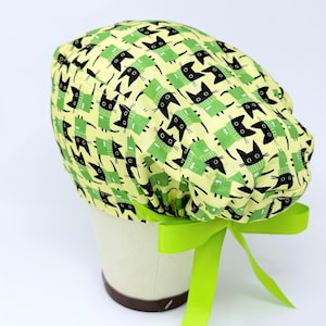 Cat Euro Scrub Cap with Ties. Cute European Satin Lined option scrub caps for women.