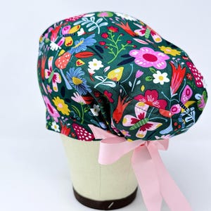 Floral Euro Scrub Cap with Ties. Summer flower European Satin Lined scrub caps for women.