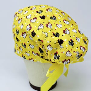 Chicken Euro Scrub Cap with Ties. European Satin Lined option scrub caps for women.