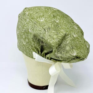 Floral Euro Scrub Cap with Ties. Spring European Satin Lined option scrub caps for women.