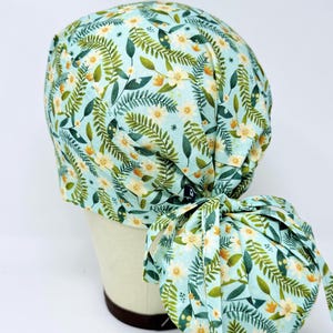 Yellow Flower ponytail scrub cap - Surgical Cap for Women with Satin Lined Option.