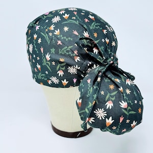 Floral Ponytail Scrub Cap - Flowers Surgical hat for Women with Satin Lined Option.