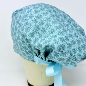 Floral Euro Scrub Cap with Ties. Flower European Satin Lined option scrub caps for women.