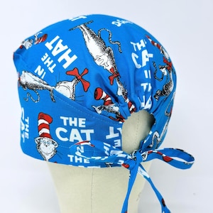 Cat surgical cap with tie back for men. Funny skull tie-back style surgical scrub hat.