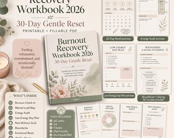 Burnout Recovery Workbook 2026, 30 Day Gentle Reset, Printable Self Care Journal, Stress Planner, Fillable PDF